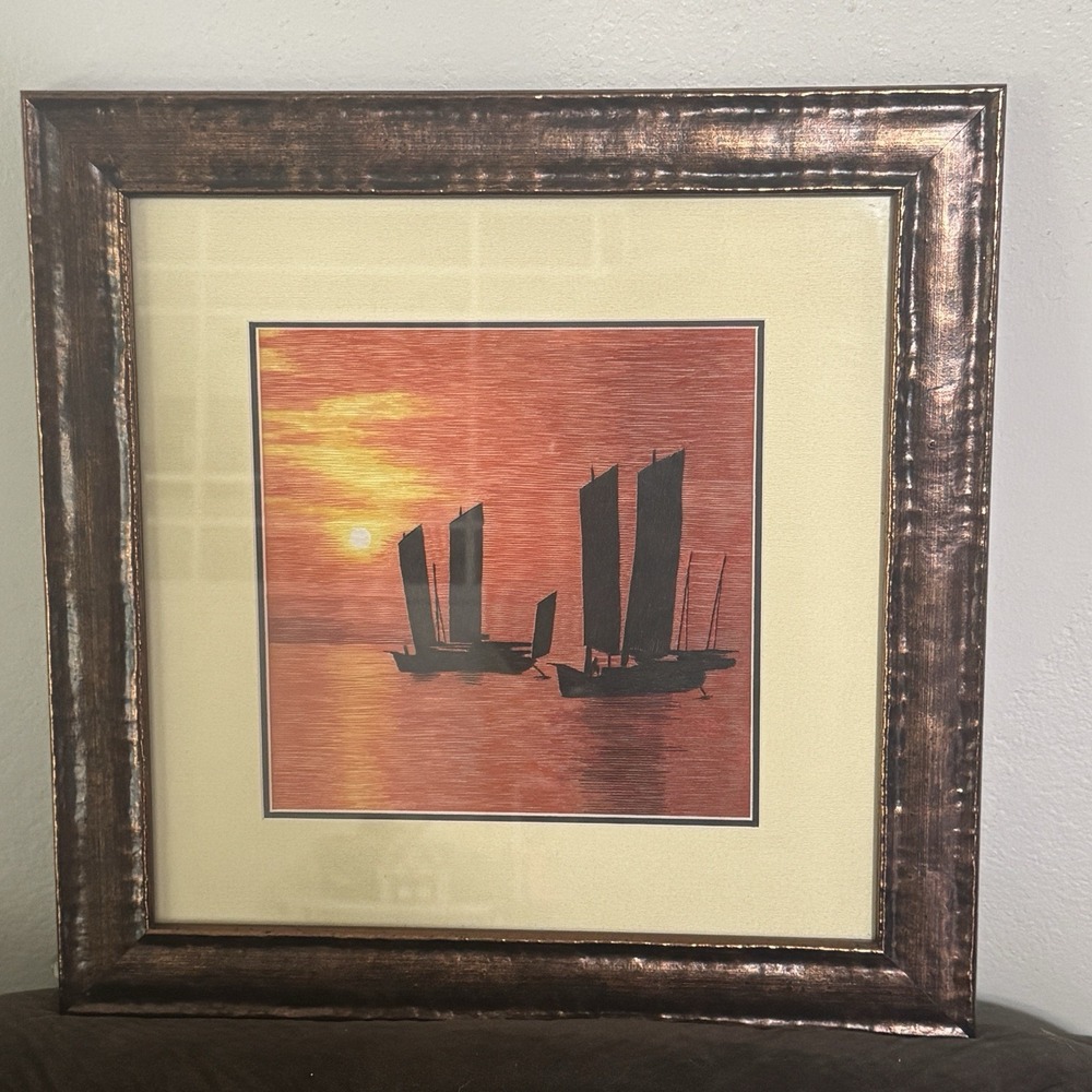 Chinese Suzhou Embroidery King Silk Art Sail Boats Ocean Sunset Framed 14.5x14.5